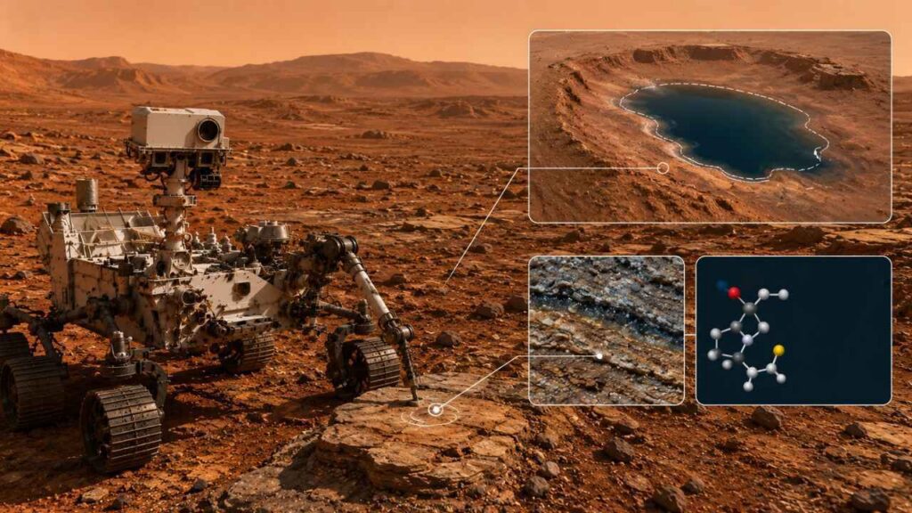Rover da NASA explorando antiga região lacustre em Marte, com solo rochoso avermelhado e evidências geológicas que sugerem água líquida e química favorável à vida no passado do planeta