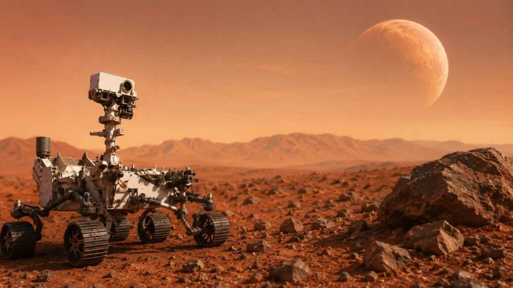 Rover explorando a superfície rochosa de Marte sob um céu alaranjado, em uma paisagem desértica realista com montanhas ao fundo e atmosfera cinematográfica de descoberta científica (1)