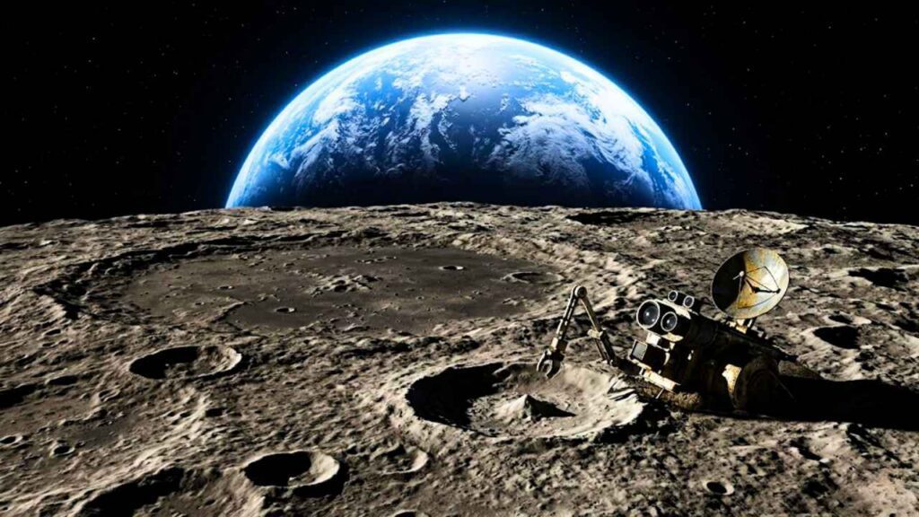 Uma visão do espaço profundo da superfície lunar repleta de crateras em primeiro plano, com um rover robótico de aparência antiga e desgastado, equipado com câmeras e uma antena parabólica, posicionado sobre uma cratera menor. No fundo, a Terra emerge como um grande e vibrante globo azul e branco, pendurado na vastidão do espaço estrelado.