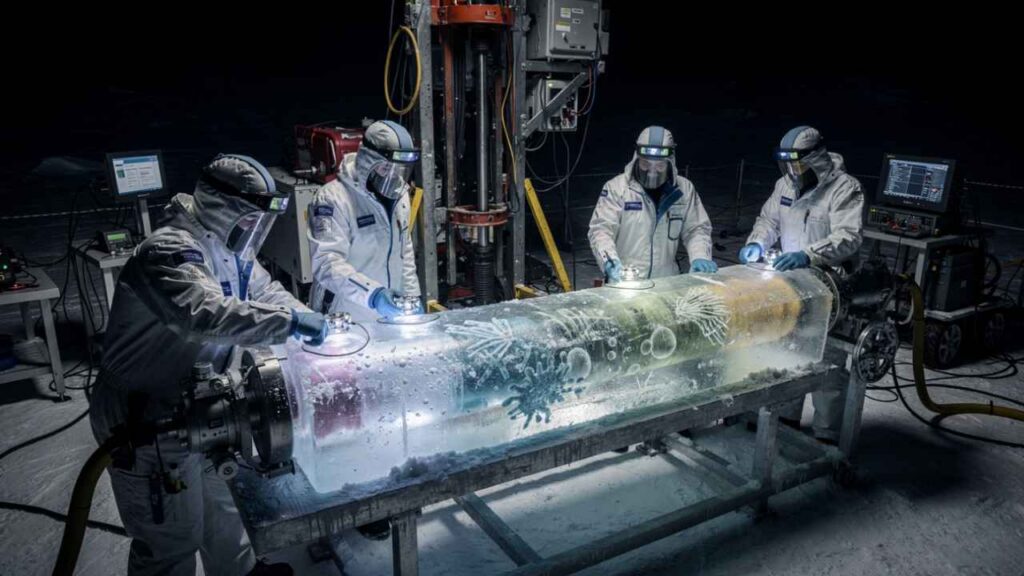 Núcleo de gelo extraído na Antártida revela bolhas de ar e sedimentos antigos com concentrações de metano, analisados por sensores em expedição próxima ao Lago Vostok.