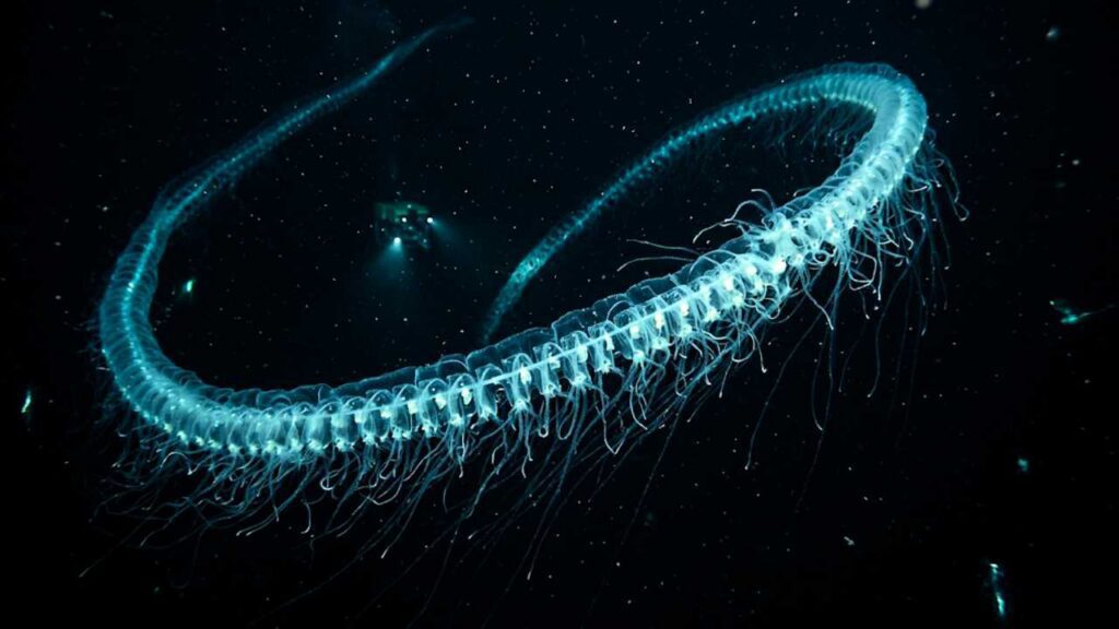 Uma criatura marinha longa, translúcida e filamentosa, semelhante a um sifonóforo, flutua em espiral na escuridão do oceano profundo profunda, iluminada pelos holofotes de um pequeno submersível ao fundo.