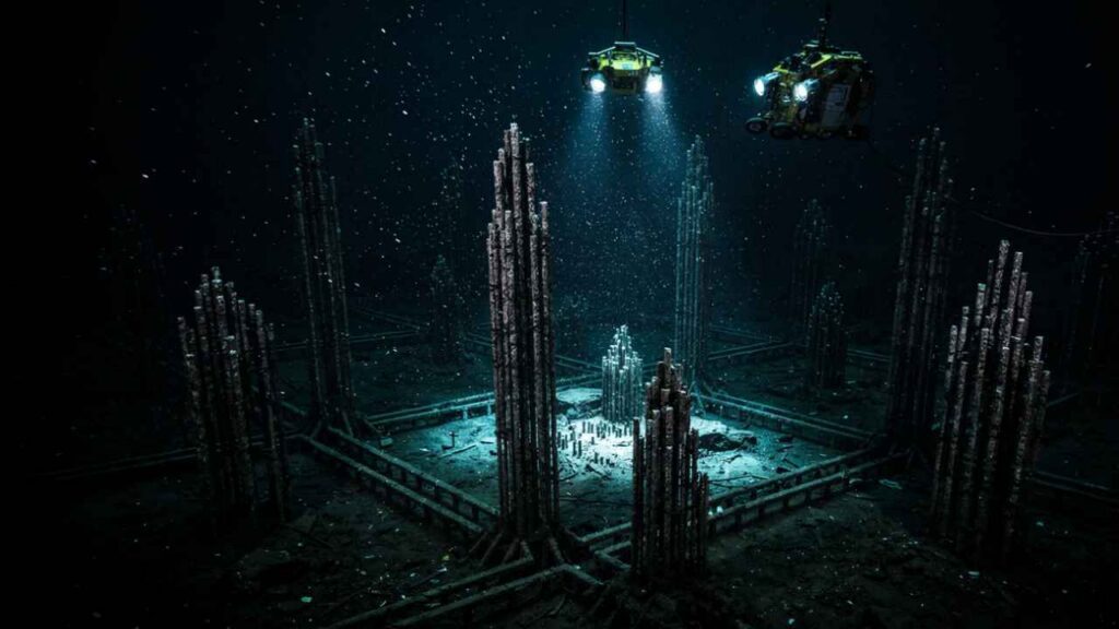 ROV japonês KAIKO registra torres minerais de mais de 20 metros na Fossa de Izu-Bonin, a 8 mil metros de profundidade no Pacífico Noroeste. A formação, com distribuição geométrica incomum, não se encaixa em modelos geológicos conhecidos e intriga pesquisadores.