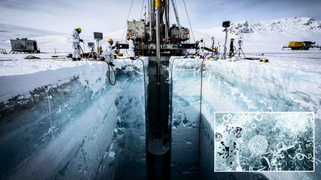 Equipe internacional perfura gelo profundo na Antártida, próximo ao Lago Vostok, e detecta metano e compostos orgânicos em camadas com centenas de milhares de anos. As assinaturas químicas indicam possível atividade microbiana em ambiente extremo, isolado e sem luz solar.