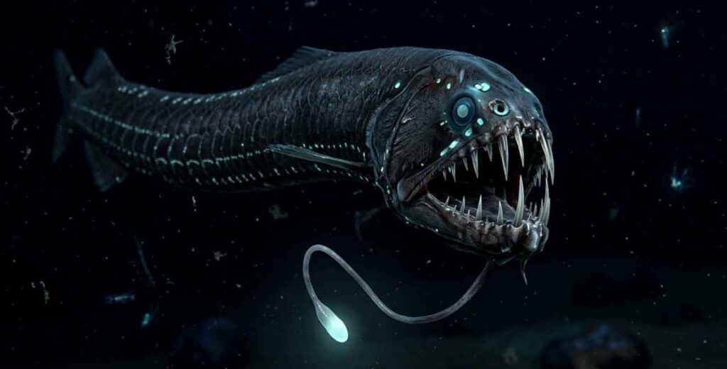 Peixe dragão negro — Idiacanthus atlanticus — bioluminescência e dentes transparentes