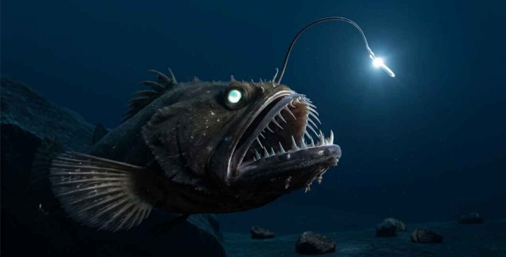(Peixe pescador abissal — ordem Lophiiformes — bioluminescência)