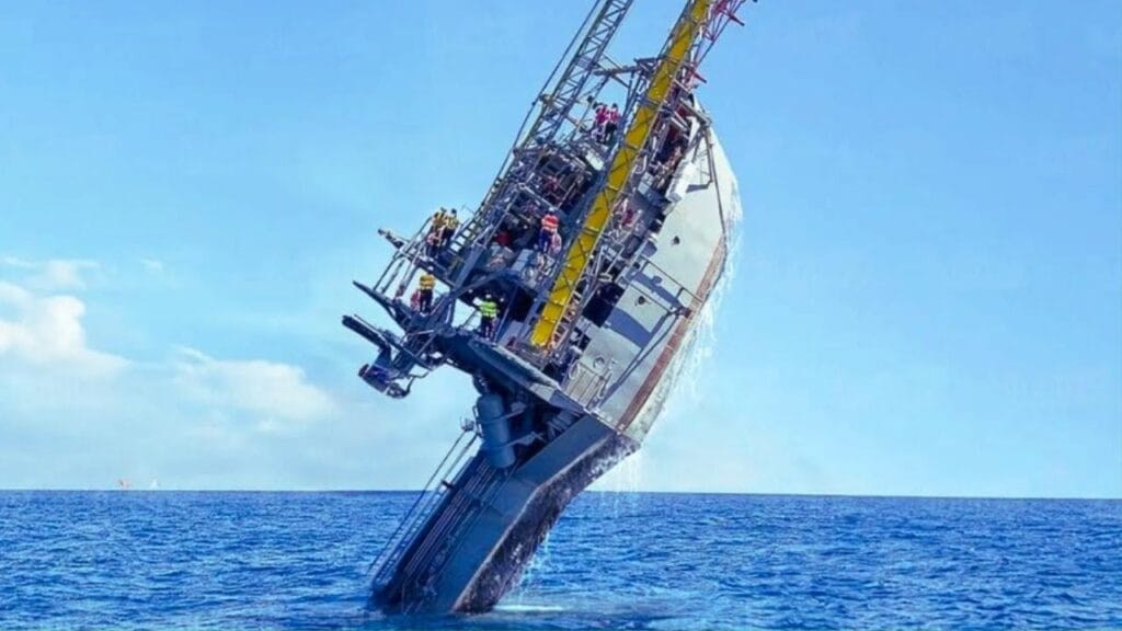 O navio  RV FLIP colossal que “fica em pé” no meio do oceano e mergulha 91 metros