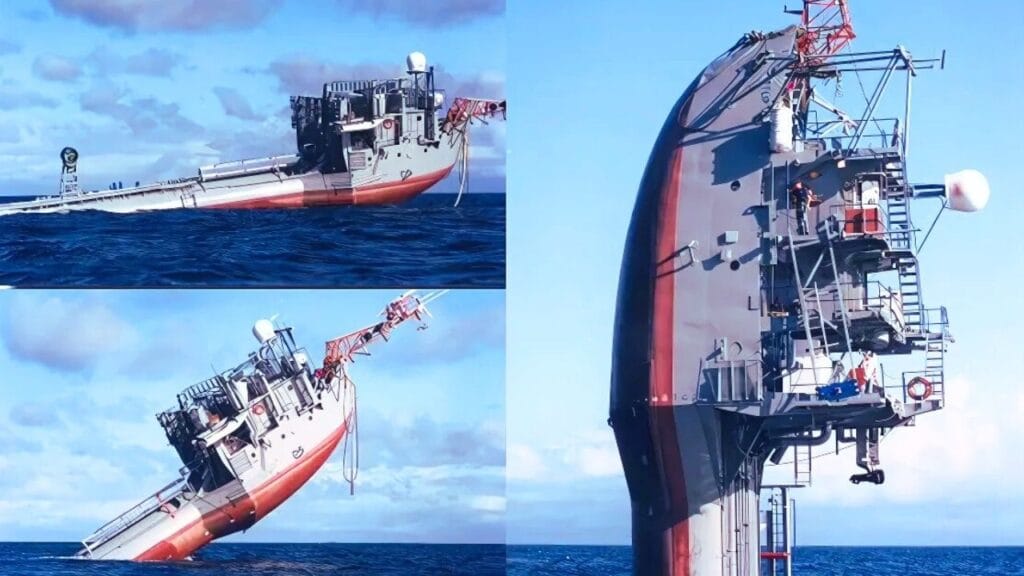 O navio  RV FLIP colossal que “fica em pé” no meio do oceano e mergulha 91 metros