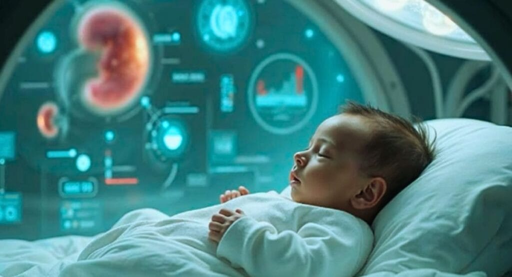 Bebê dormindo pacificamente em uma cama, com uma interface holográfica mostrando imagens de órgãos e gráficos médicos ao fundo, ideal para sites de saúde infantil, tecnologia médica ou maternidade. Nasce o primeiro bebê do mundo com fertilização in vitro guiada por inteligência artificial