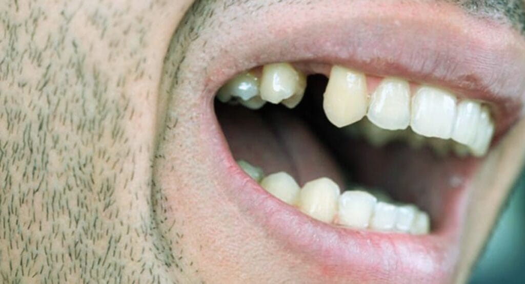 Boca aberta mostrando dentes com um dente ausente no maxilar superior, próximo à barba rala. Japoneses descobrem anticorpo que faz dentes crescerem de novo em camundongos, e os humanos podem ser os próximos