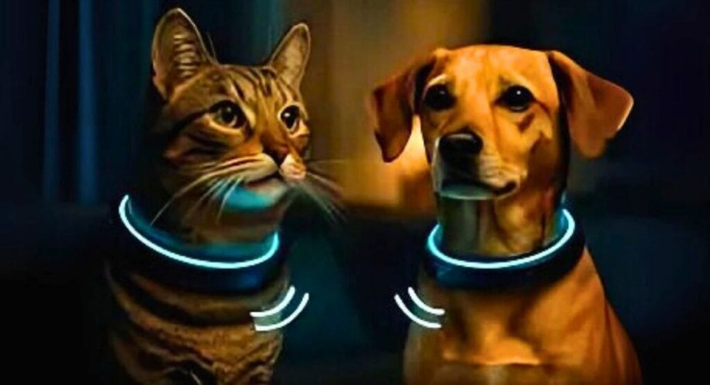 Gato e cachorro com coleiras luminosas azuis, sentados lado a lado em ambiente escuro. IA poderá entender o que seu cachorro ou gato tenta dizer e responder em português