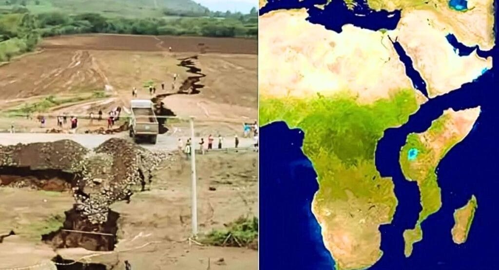 Grande fissura no solo com caminhão e pessoas ao redor em campo, ao lado de mapa destacando leste da África.. Fissura gigante no chão da Etiópia mostra o começo de um novo oceano no planeta