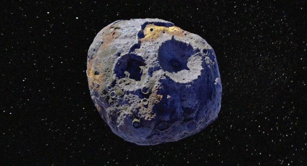 Imagem de um asteroide rochoso com crateras e tons azulados flutuando no espaço estrelado, ideal para sites de astronomia, ciência espacial ou conteúdos educativos. explorar asteroide