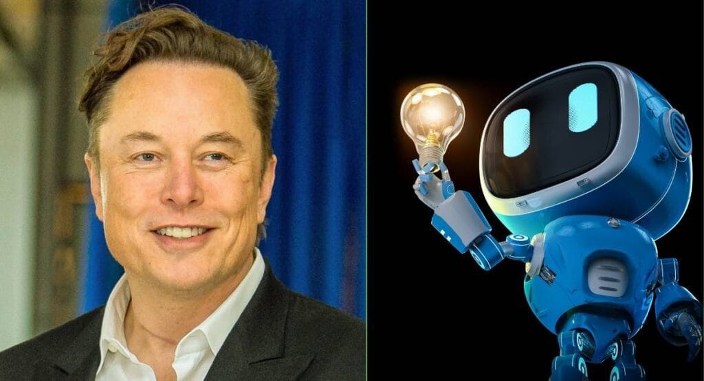 Imagem dividida mostrando um homem Elon musk de terno sorridente à esquerda e um robô azul segurando uma lâmpada acesa à direita, ideal para sites de tecnologia, inovação ou criatividade.  IA para crianças