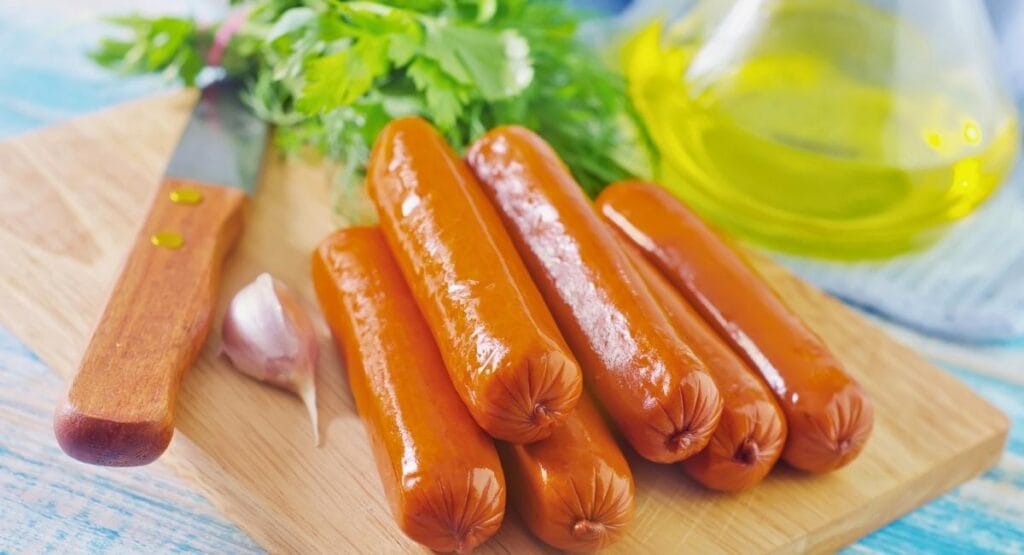 Linguiças frescas sobre uma tábua de madeira, ao lado de uma faca, alho, salsa e um frasco de azeite, em fundo azul, ideal para sites de culinária, receitas ou gastronomia.