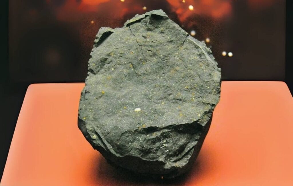 Pedra Meteorito Murchison de cor cinza em cima de uma mesa de cor laranja