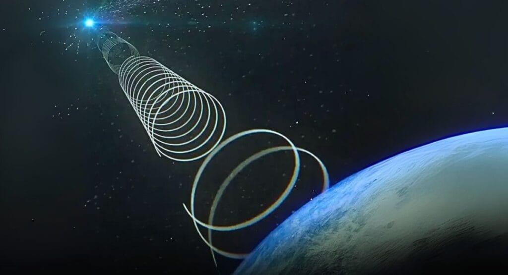 Ondas de sinal espacial em forma de anéis partindo de estrela em direção a planeta distante no espaço. Astrônomos detectaram rajadas de rádio misteriosas vindo de uma anã vermelha e se repetindo de forma inexplicável