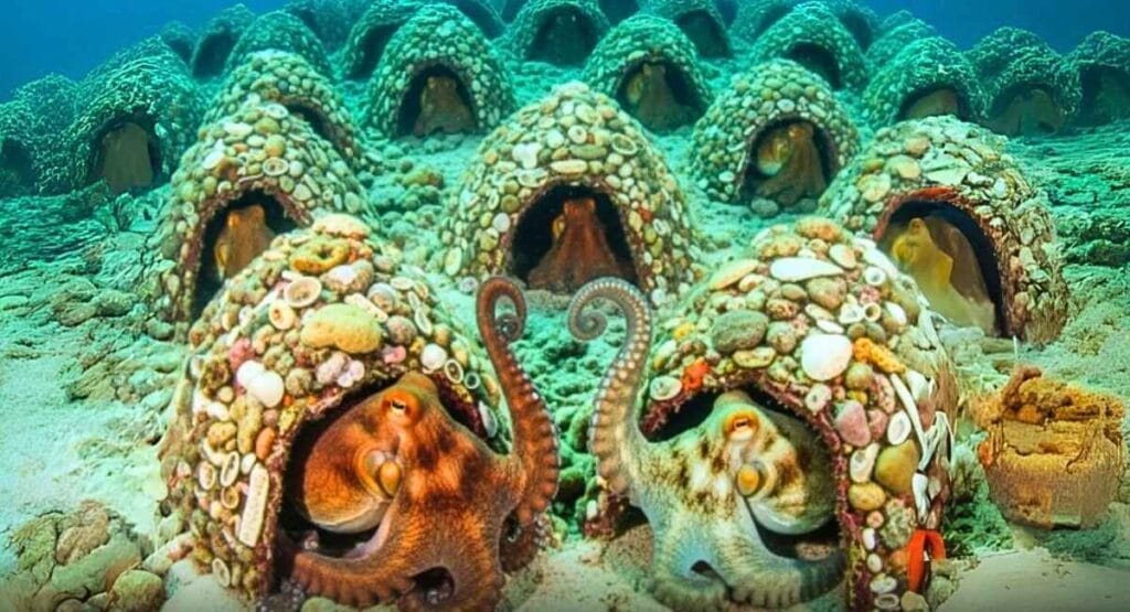 Polvos em tocas construídas com conchas e pedras no fundo do oceano, agrupados em colônia subaquática.