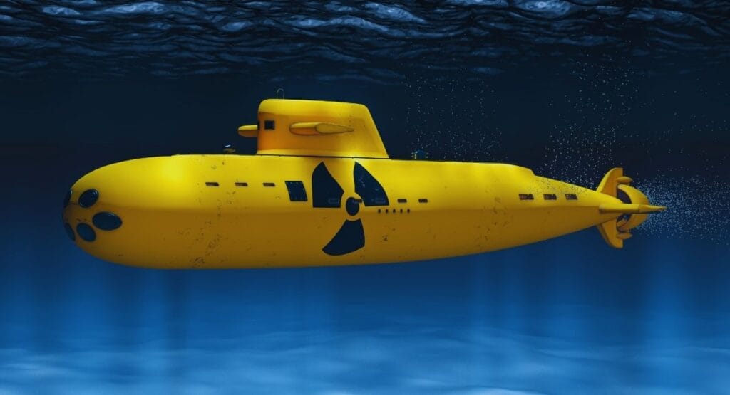 Submarino amarelo navegando em águas profundas, iluminado pela luz filtrada, com detalhes de bolhas ao redor, criando atmosfera subaquática realista. bmarinos nucleares