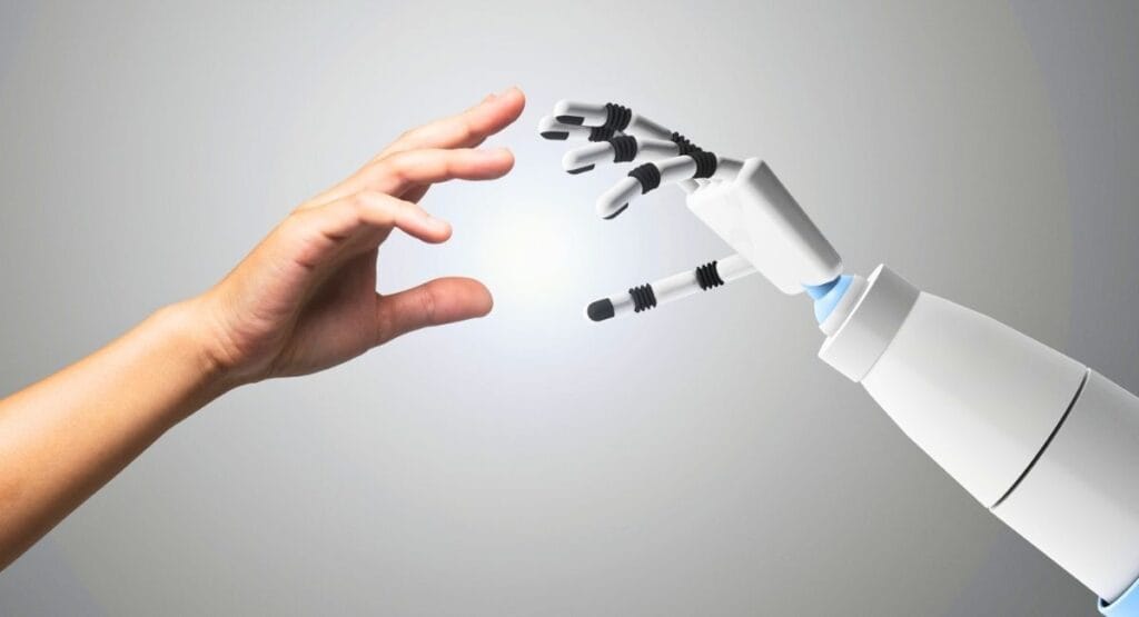 Uma mão humana e uma mão robótica se aproximando em um fundo claro com luz suave, simbolizando conexão entre humanos e tecnologia, ideal para sites de IA, robótica ou inovação.