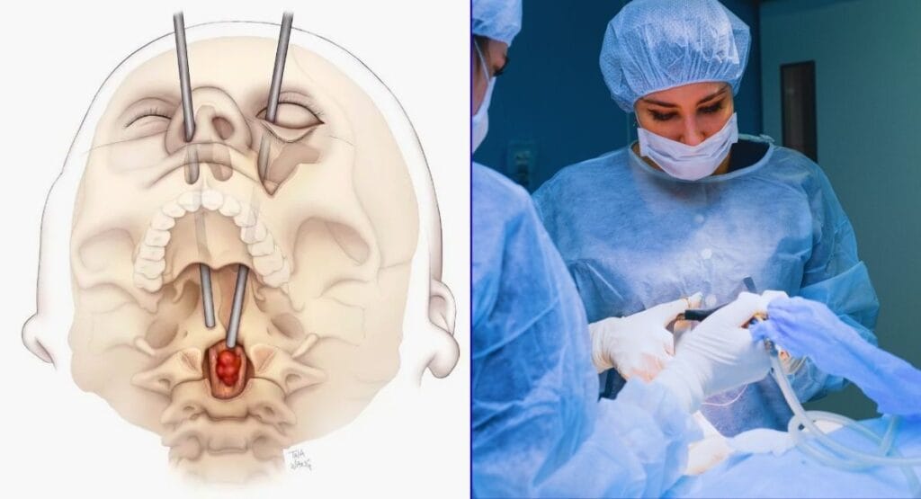 cabeça humana com instrumentos inseridos pelo nariz e boca, destacando a glândula pituitária em vermelho, ao lado de foto de cirurgiões em trajes azuis realizando procedimento cirúrgico endoscópico. tumor