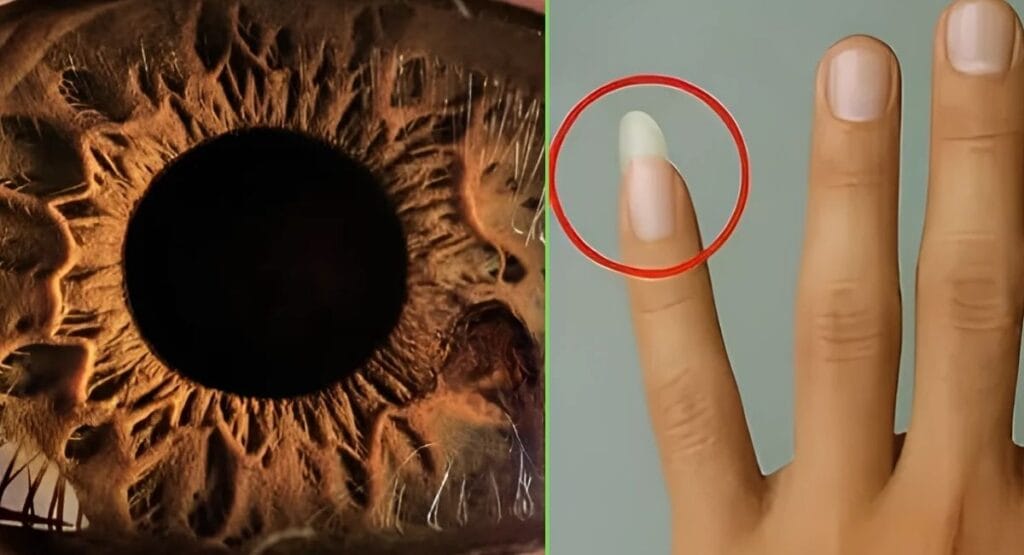 comparação visual entre um olho humano detalhado, destacando a íris e a pupila, e uma mão com um dedo específico circulado em vermelho, possivelmente para enfatizar a unha ou a pele.