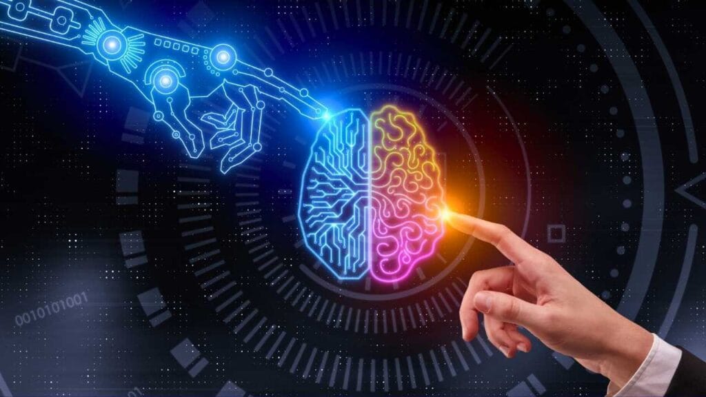 Cérebro humano e inteligência artificial se conectam tecnologia, inovação e futuro da mente.