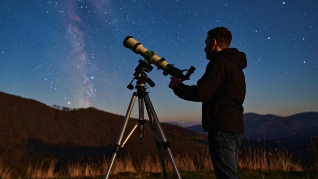 Homem observa o céu estrelado com telescópio aventura curiosidade e conexão com o universo