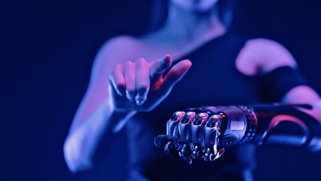 Mão humana e robótica se encontram o futuro da interação entre pessoas e máquinas. Inteligência Artificial