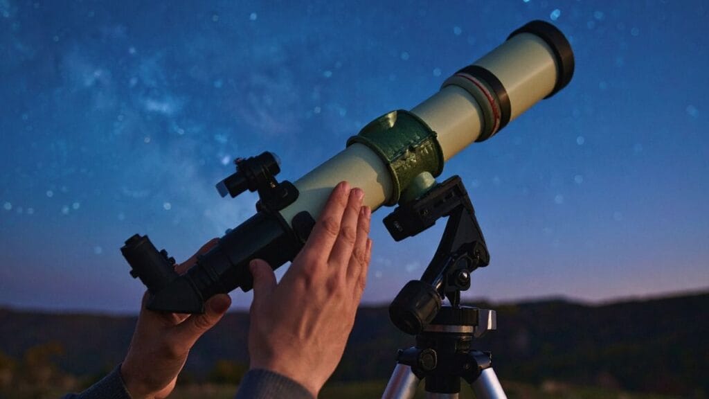Olhando para as estrelas telescópio apontado ao céu noturno, explorando o universo.