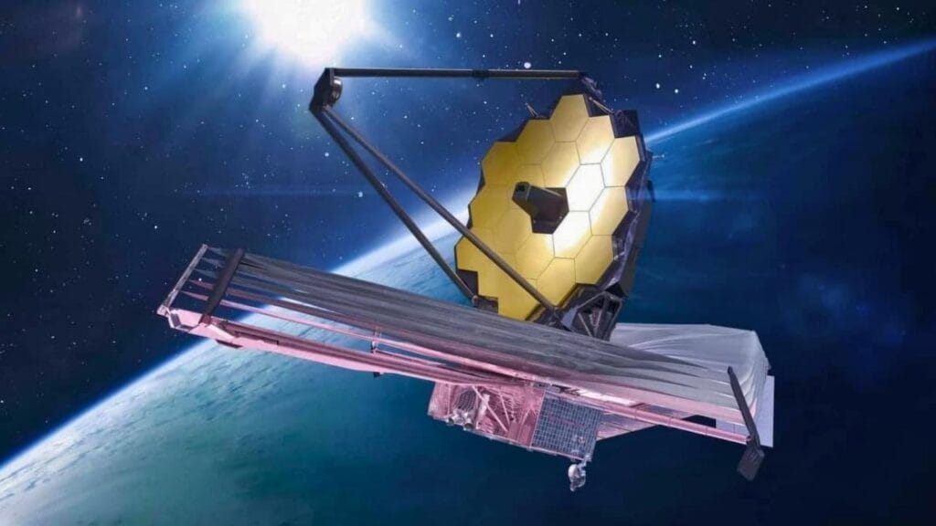 Telescópio Espacial James Webb em órbita revelando segredos do universo com sua tecnologia de ponta e espelho dourado hexagonal. O que é um telescópio e como funciona na prática