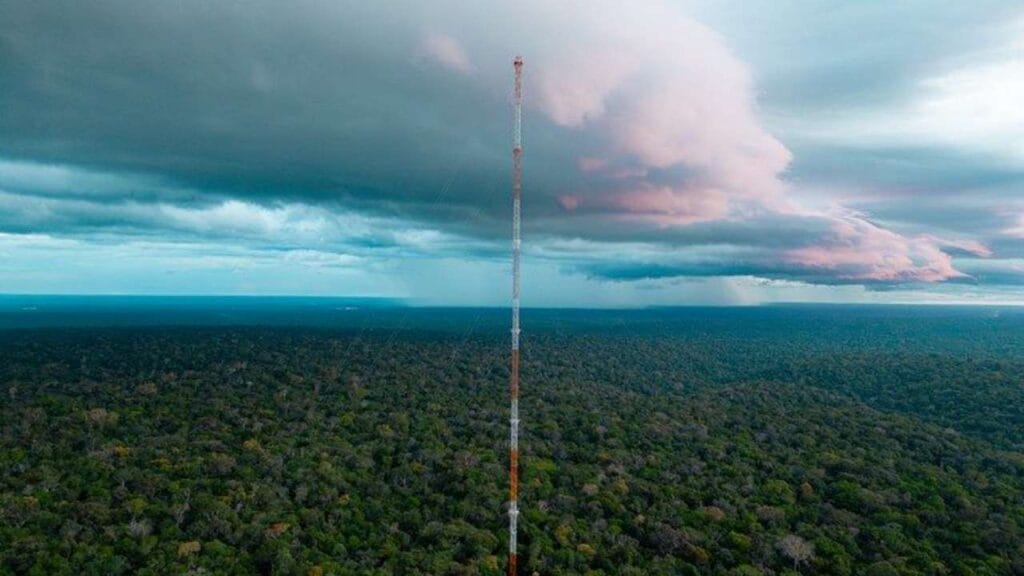 A equipe do ATTO monitora a floresta do alto. O projeto é uma parceria entre o Ministério da Ciência, Tecnologia e Inovação (MCTI) e o Instituto Max Planck, da Alemanha. (Imagem Rodrigo CabralAscomMCTI)
