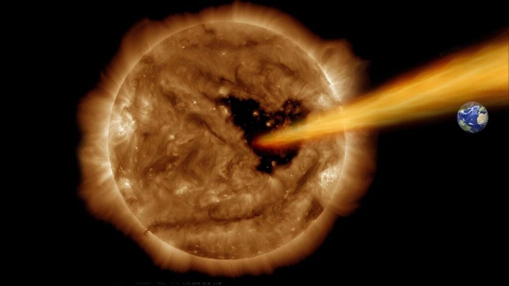 Buraco coronal com formato de borboleta registrado por observatório solar da NASA entre 8 e 11 de setembro. Crédito NASASDO