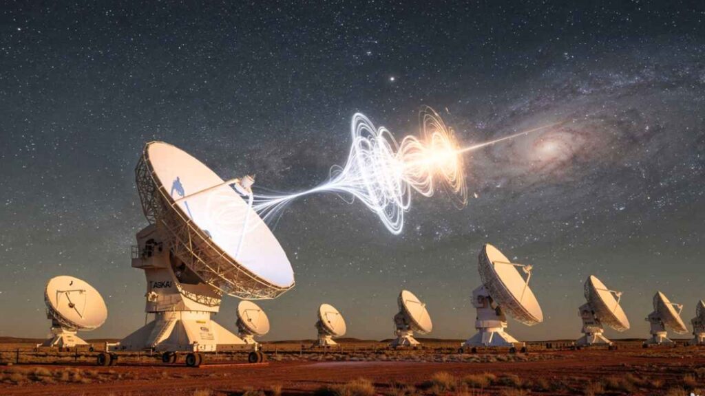 Complexo de antenas de radiotelescópio sob céu estrelado na Austrália, com representação visual de uma Rajada Rápida de Rádio, FRB, chegando do espaço extragaláctico.