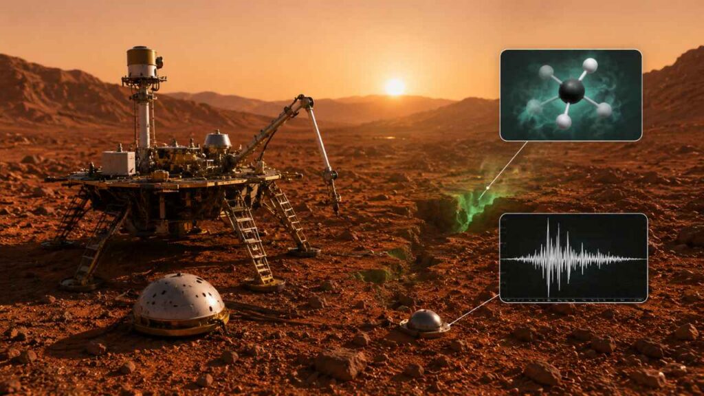 Equipamento científico da NASA na superfície de Marte durante o pôr do sol, com terreno rochoso avermelhado e sinais luminosos sugerindo anomalias detectadas no subsolo do planeta.
