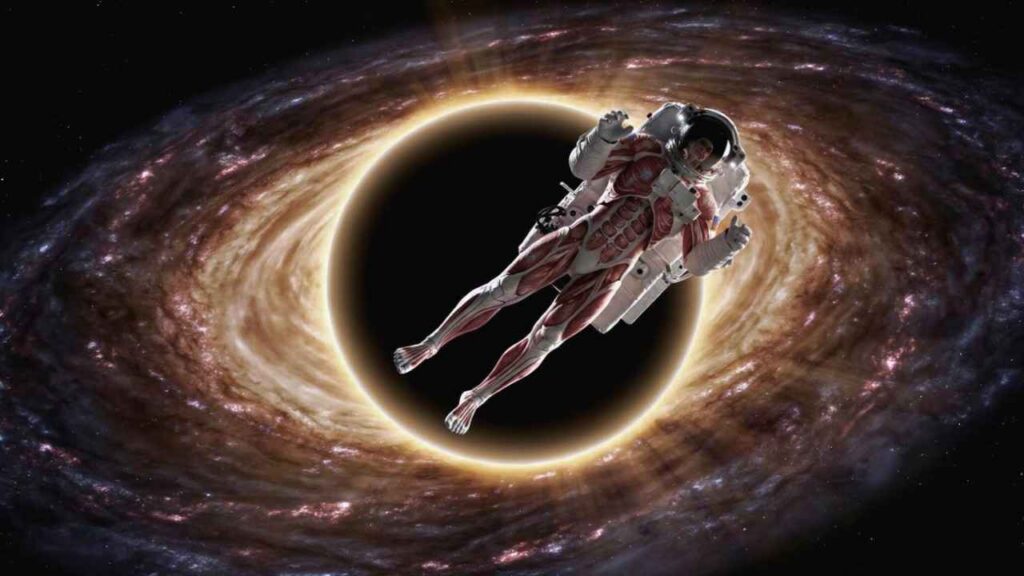 Ilustração científica realista mostra astronauta sendo distorcido pelo efeito de espaguetificação ao se aproximar de um buraco negro supermassivo. Entenda o que aconteceria com o corpo humano (1)