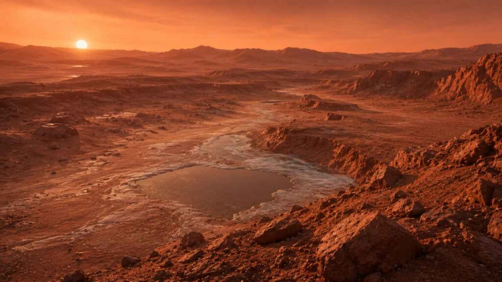 Paisagem realista de Marte com cânions avermelhados, terreno árido e uma antiga formação semelhante a lago refletindo a luz do pôr do sol no planeta