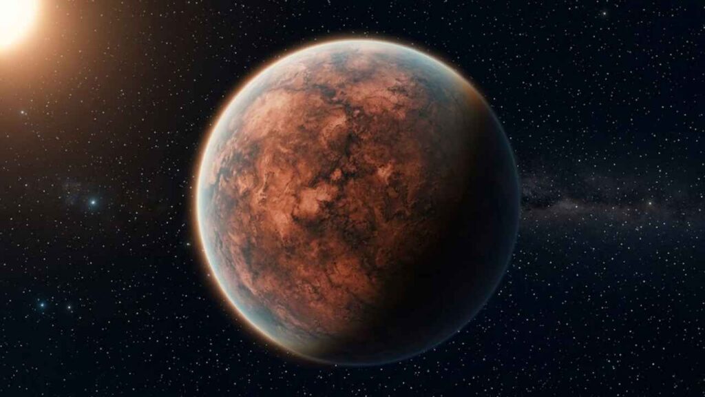 Representação realista do exoplanet Gliese 12 b no espaço profundo, mostrando sua superfície rochosa e atmosfera tênue iluminada por uma estrela próxima