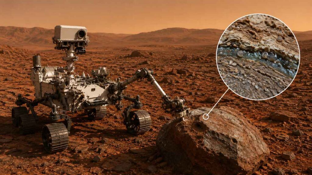 “Rover Perseverance analisando uma rocha sedimentar na superfície de Marte, em cenário desértico avermelhado, sugerindo evidências antigas de água líquida no planeta