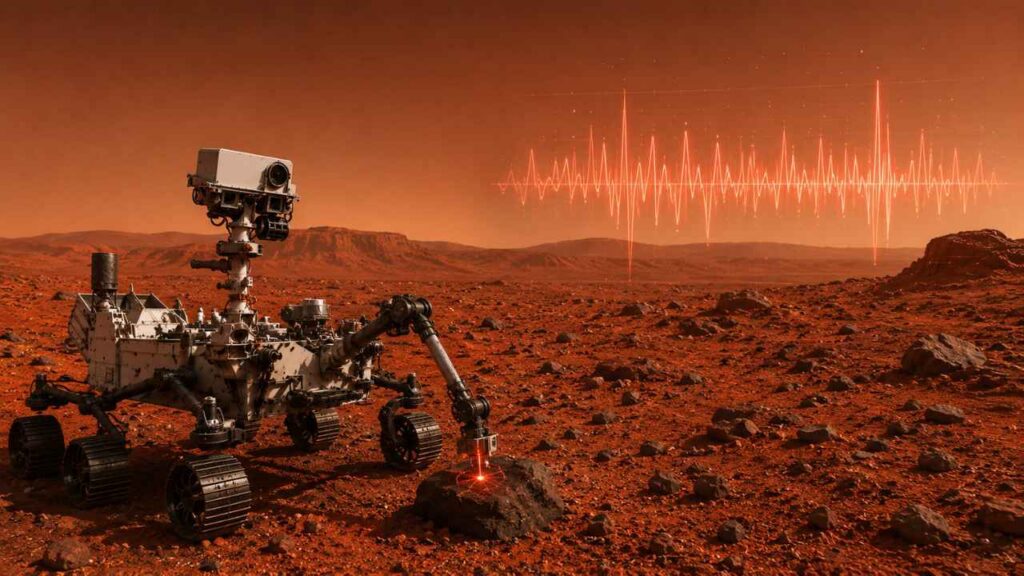 Rover explorando a superfície rochosa de Marte sob um céu alaranjado, em uma paisagem desértica realista com montanhas ao fundo e atmosfera cinematográfica de descoberta científica