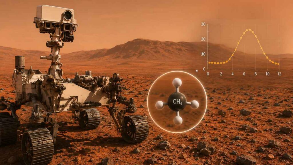 Rover explorando a superfície rochosa de Marte sob um céu alaranjado, em uma paisagem desértica realista com montanhas ao fundo e atmosfera cinematográfica de descoberta científica (2)