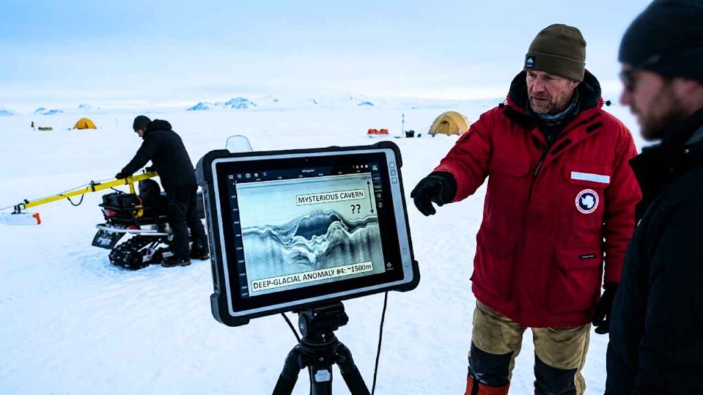Cientistas na Antártica analisam um monitor de radar de penetração no solo que revela uma grande anomalia em formato de caverna sob as camadas de gelo, com anotações de pesquisa na tela. Ao fundo, uma moto de neve e tendas de expedição se espalham pela vasta paisagem gelada