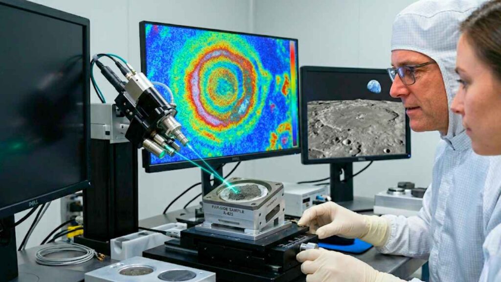 Dois cientistas com trajes de laboratório analisam uma amostra de rocha escura usando um equipamento de laser de alta tecnologia. Ao redor deles, monitores exibem gráficos coloridos e imagens detalhadas da superfície da Lua