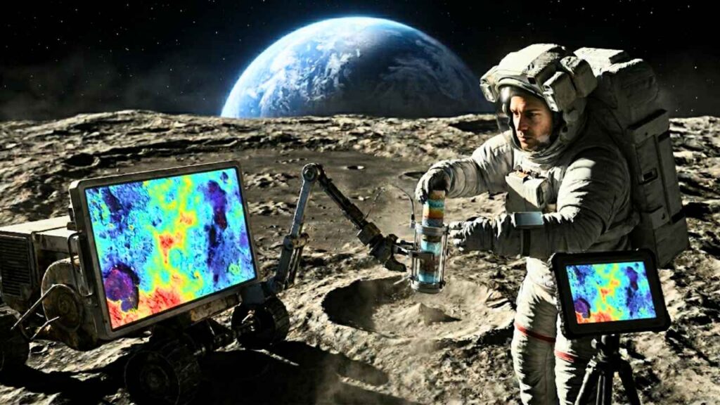 Um astronauta na Lua, com o planeta Terra ao fundo, coloca uma amostra de rocha em um dispositivo de análise. Ao lado, um pequeno veículo robótico e uma tela de computador exibem dados geológicos.