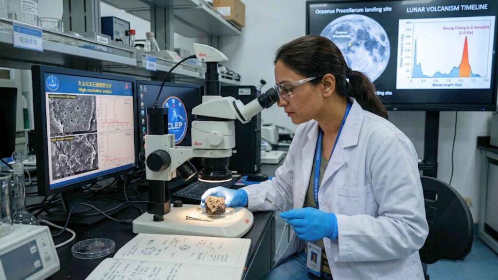 Cientista em laboratório analisando amostra de rocha lunar escura sob um microscópio avançado. Ao fundo, telas de computador exibem gráficos de análise mineral e um mapa da Lua com a localização do pouso da missão chinesa Chang'e no Oceanus Procellarum.