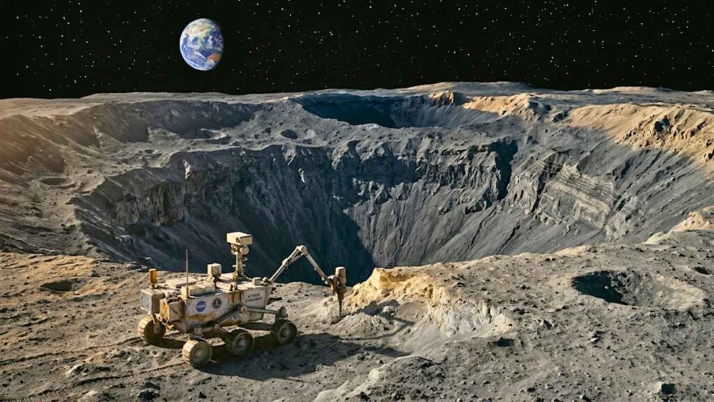 Robô rover espacial em primeiro plano perfurando o solo na borda de uma cratera lunar gigante e profunda, sob um céu estrelado com a Terra visível ao fundo.