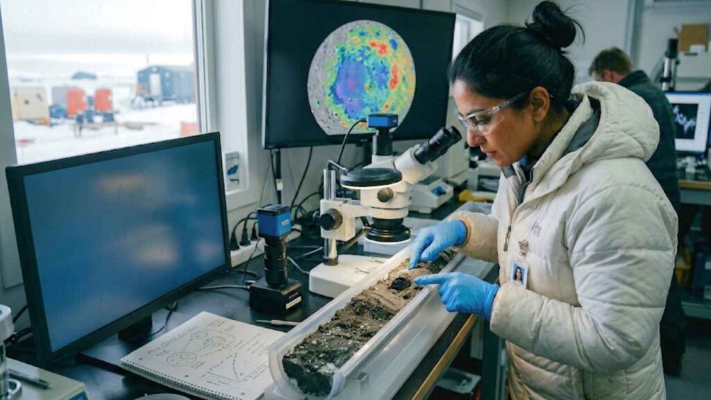 Cientista em laboratório examinando uma longa amostra de solo escuro com gelo, usando um microscópio avançado e luvas azuis.