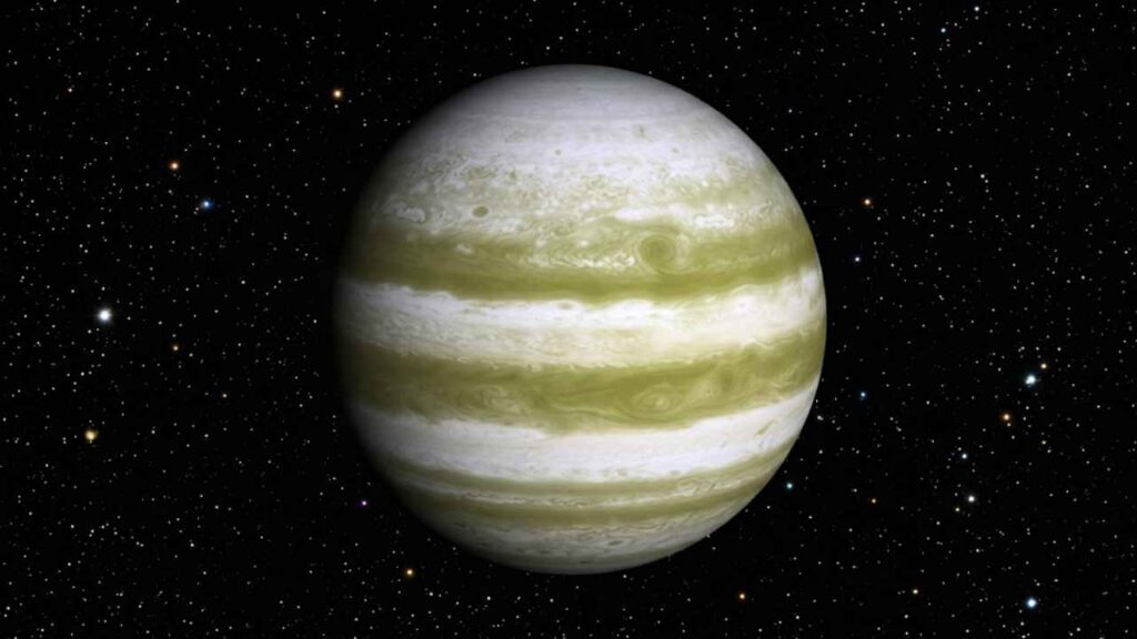 Planeta gasoso gigante LTT 9779 b com faixas horizontais esverdeadas e brancas, exibindo tempestades e redemoinhos em sua atmosfera, cercado por um fundo repleto de estrelas no espaço profundo.