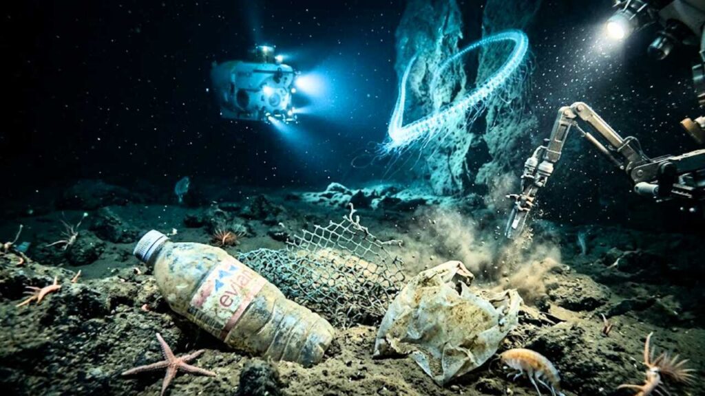 No fundo do mar escuro, lixo plástico (como uma garrafa amassada e uma sacola) está caído no solo rochoso, enquanto um braço robótico à direita e um submersível ao fundo iluminam a cena, que inclui estrelas-do-mar e um ser bioluminoso flutuando.
