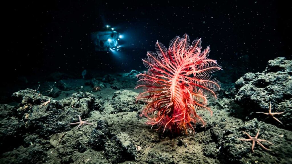 Um organismo marinho ramificado e de cor vermelha vibrante, semelhante a um coral ou lírio-do-mar, destaca-se no solo rochoso do oceano profundo, com estrelas-do-mar ao redor e um submersível iluminando o fundo escuro ao longe.