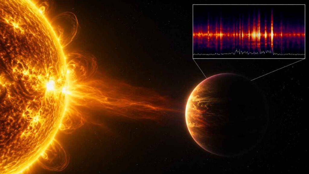Ilustração científica mostra exoplaneta exposto a padrões incomuns de radiação vindos de sua estrela, descoberta que está intrigando cientistas e pode mudar a busca por mundos habitáveis fora do Sistema Solar.
